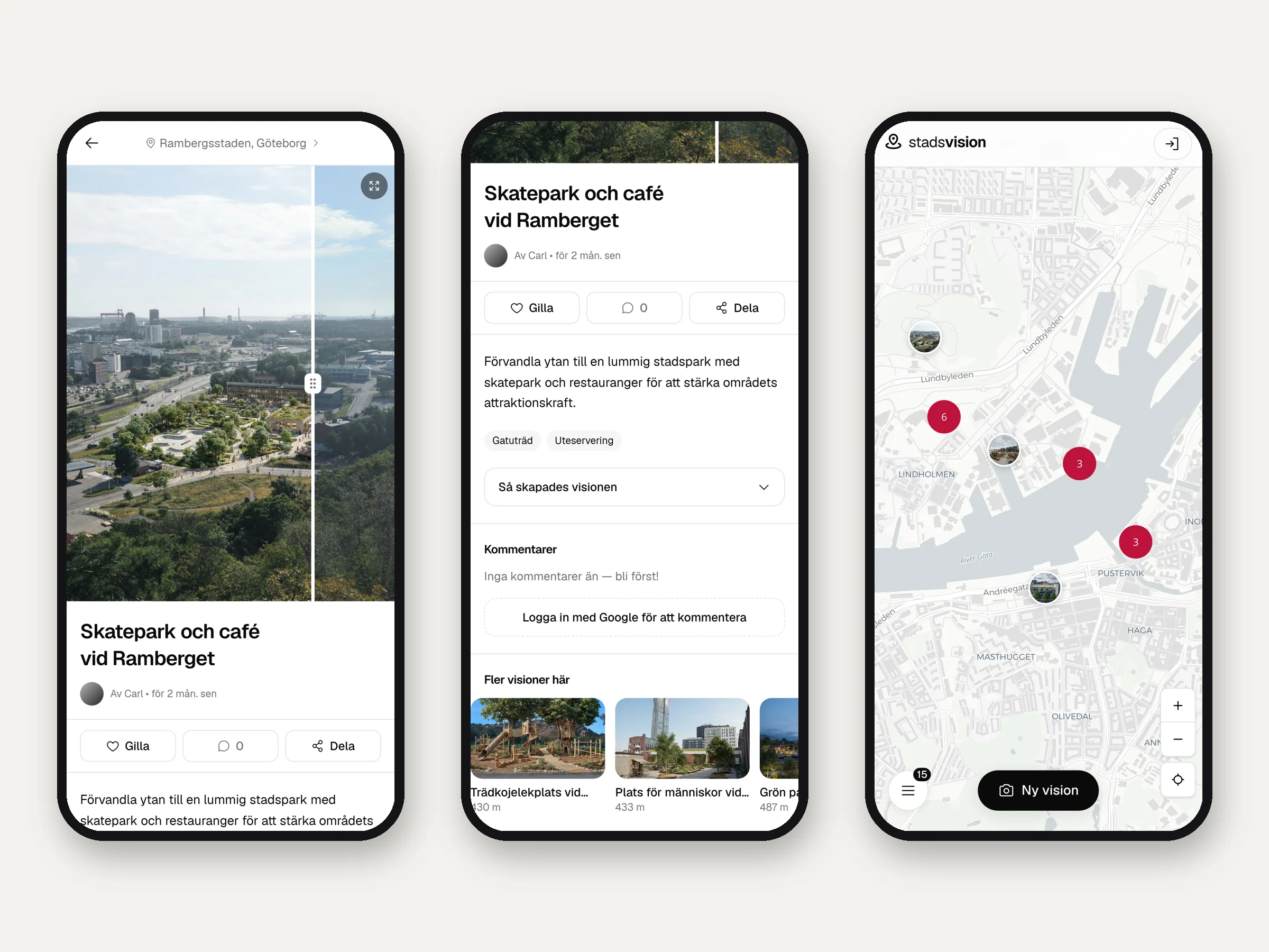 Stadsvision i tre mobilskärmar: karta, före och efter, och ett publicerat förslag