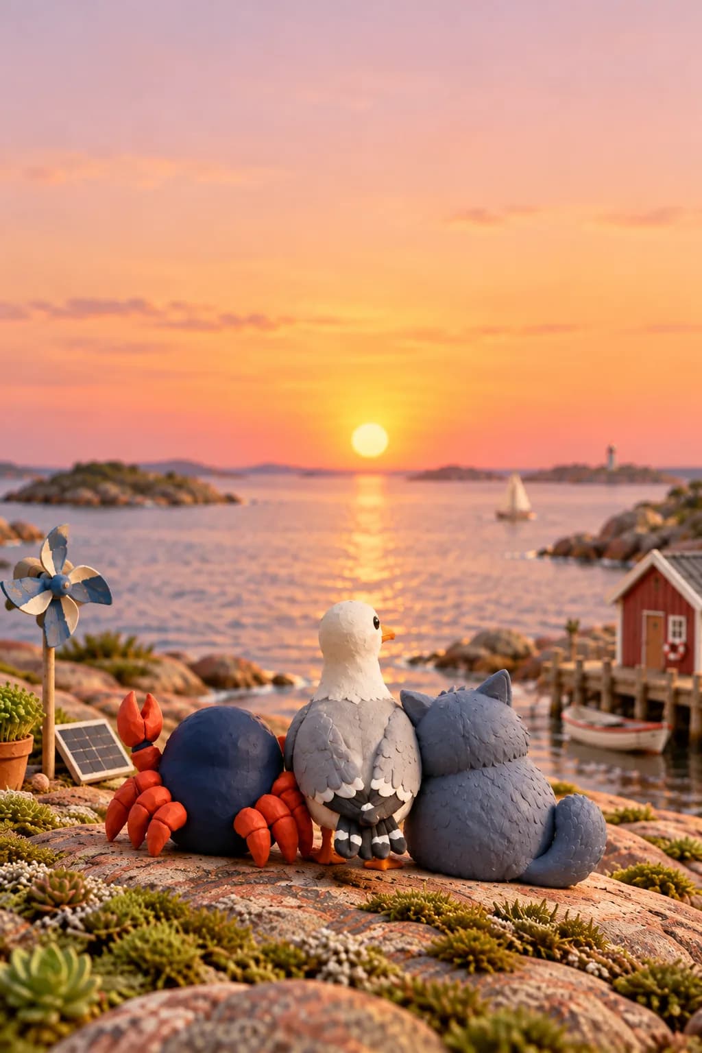 Klara, Måns och katten tittar på solnedgången i skärgården